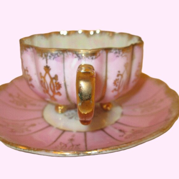 Hand painted pink & gold gilded three legged with iridescent white Shafford Japa - Picture 7 of 10